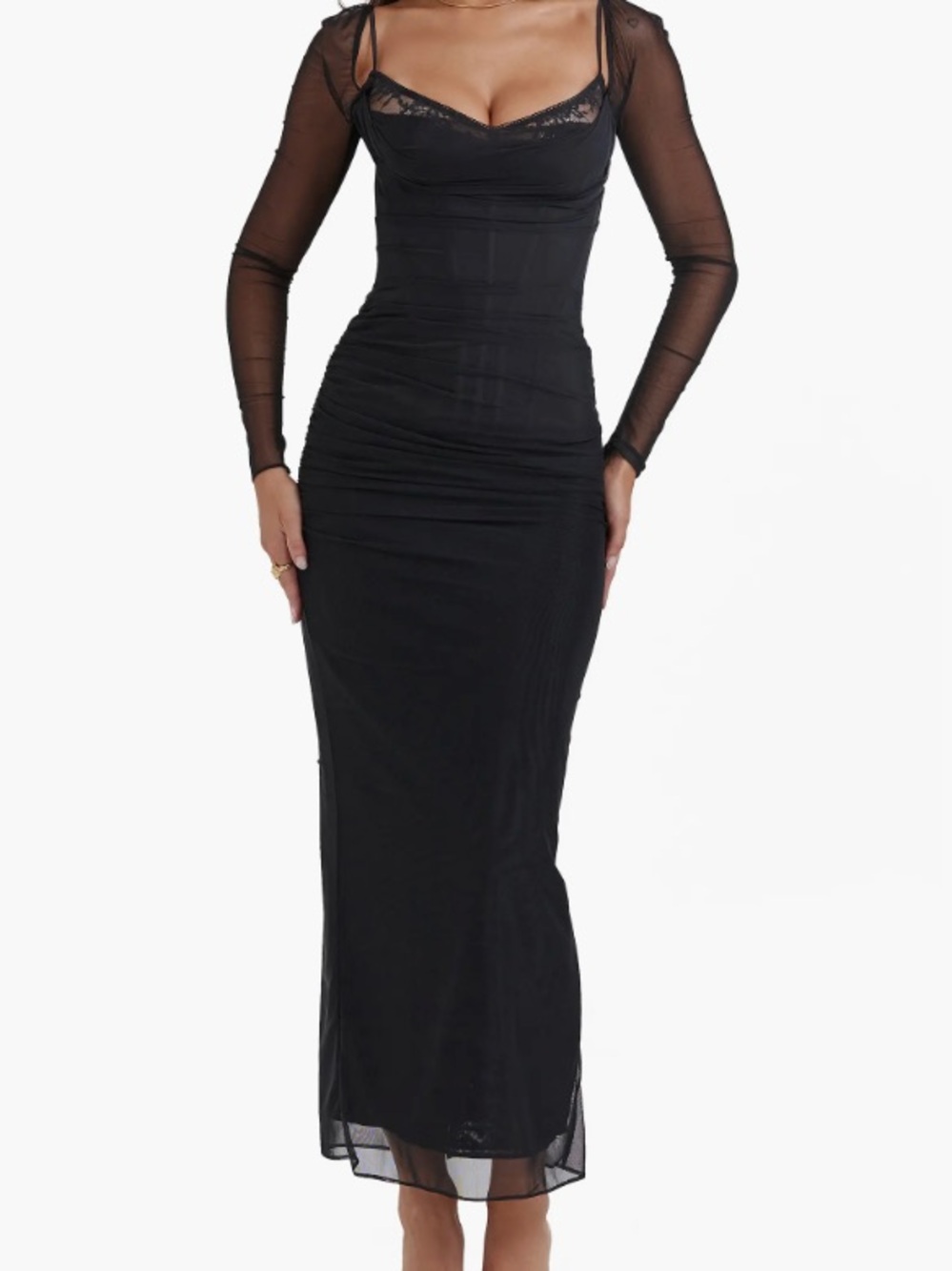 House of CB Black Sheer-Sleeve Katrina Lace Gown (L) with corsetry